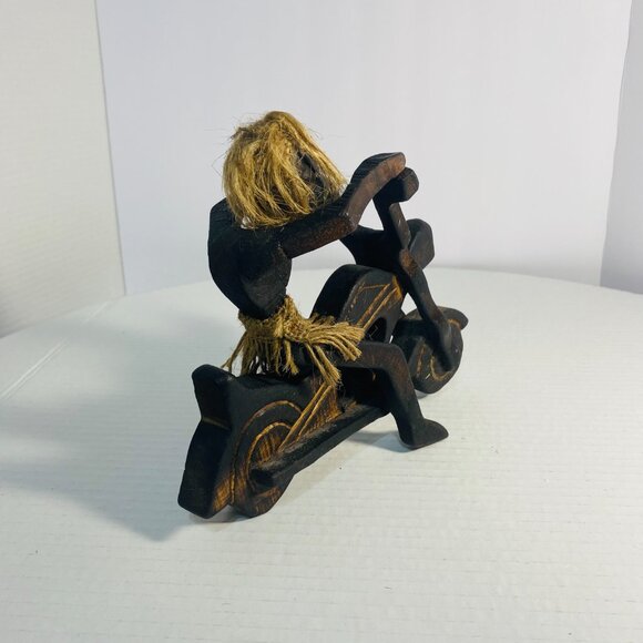 Rare Primitive Java Man on Motorcycle Wooden Carving and Jute Tribal Sculpture - Picture 8 of 17